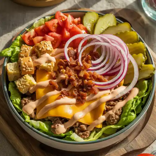 A hearty cheeseburger bowl with beef, lettuce, tomatoes, cheese, and pickles