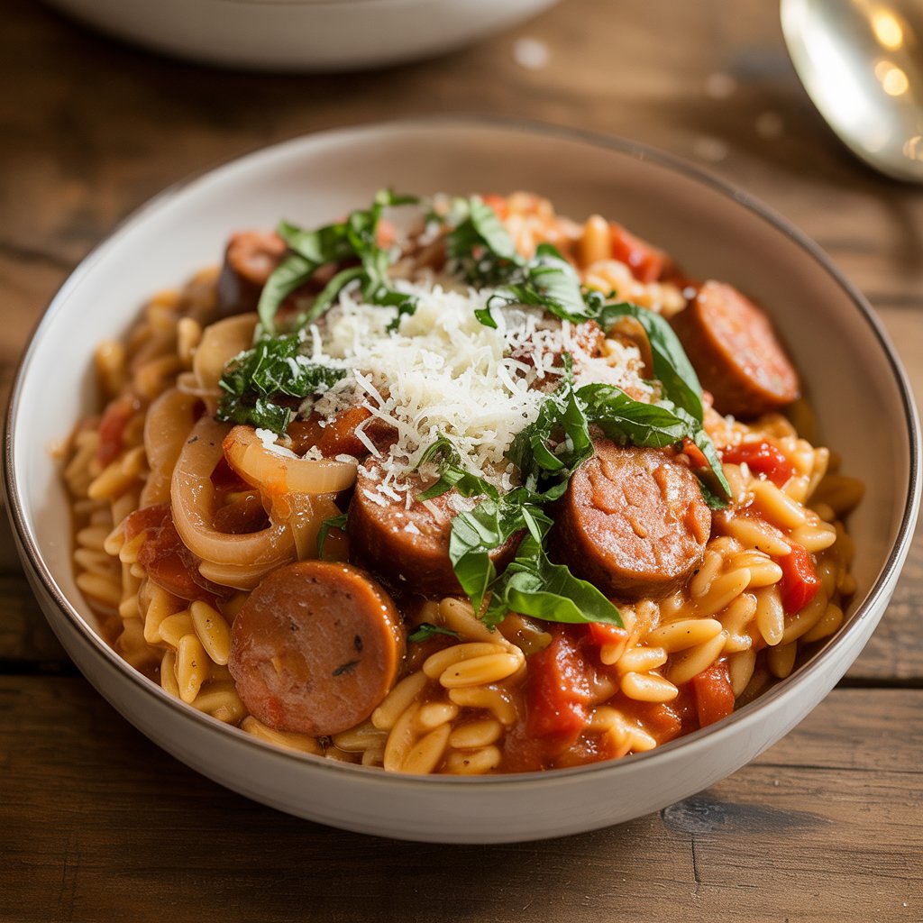 Bowl of Italian sausage orzo with herbs and vegetables on a rustic wooden table