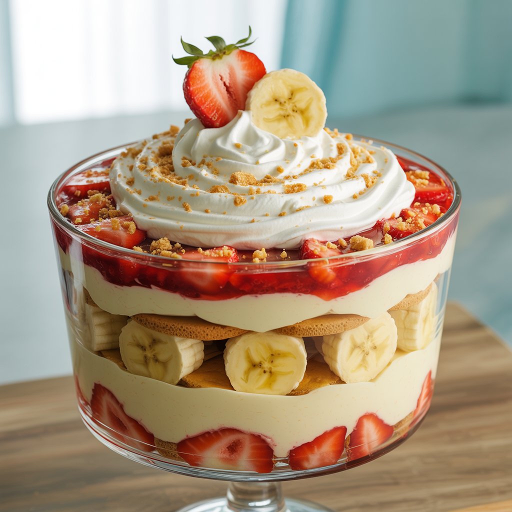 Layered strawberry cheesecake banana pudding in a glass dish topped with sliced strawberries and banana slices