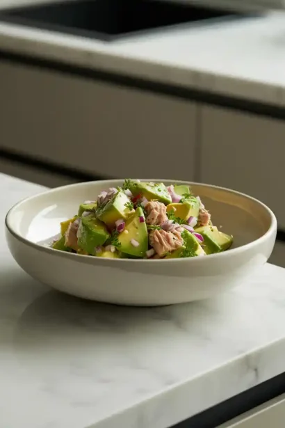 Bowl of freshly made avocado tuna salad recipe with avocado slices, tuna, and cherry tomatoes