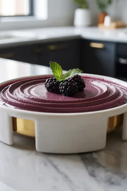 A glass of rich and creamy blackberry mousse garnished with fresh blackberries and mint leaves