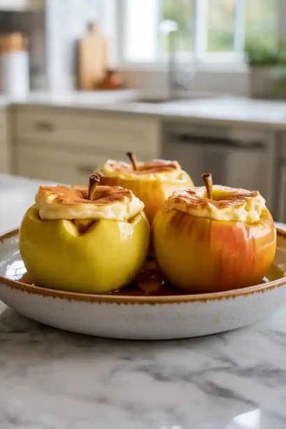 Cheesecake stuffed baked apples served on a plate with cinnamon and caramel drizzle
