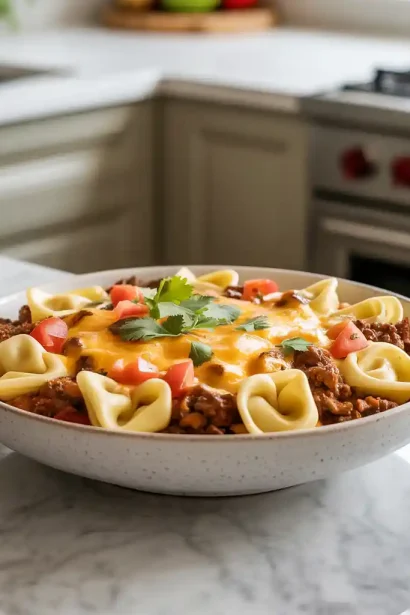 A hot skillet filled with cheesy beef enchilada tortellini skillet garnished with fresh herbs and melty cheese, ready to serve.