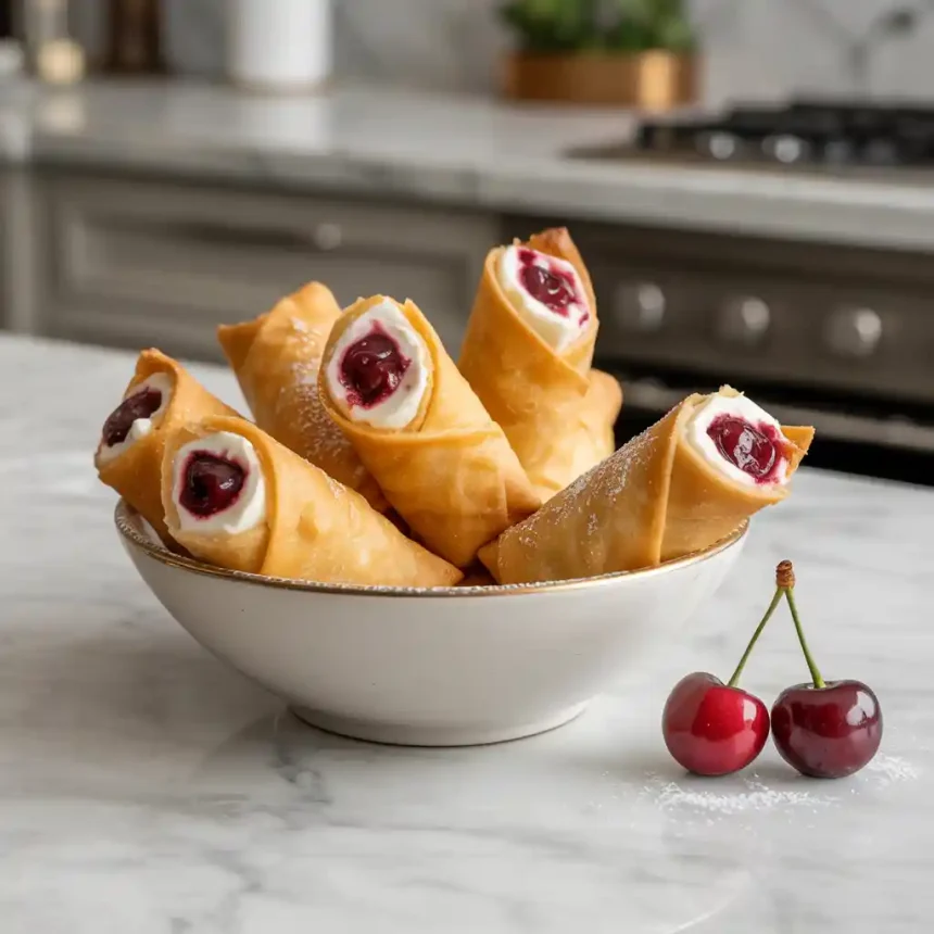 Golden-brown cherry cheesecake egg rolls filled with creamy cheesecake and cherry pie filling