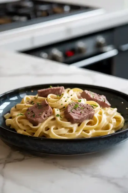 A bowl of creamy garlic beef pasta topped with parsley and grated cheese