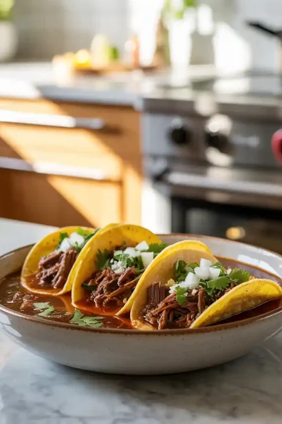 A plate of crock pot birria tacos with shredded beef, melted cheese, and dipping consommé sauce