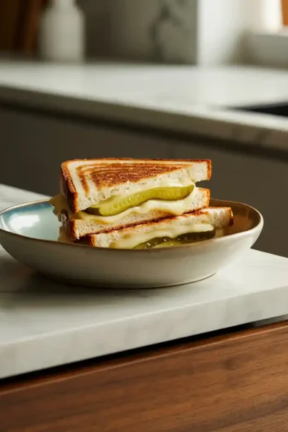 Hot and crispy dill pickle grilled cheese sandwich sliced in half on a wooden board