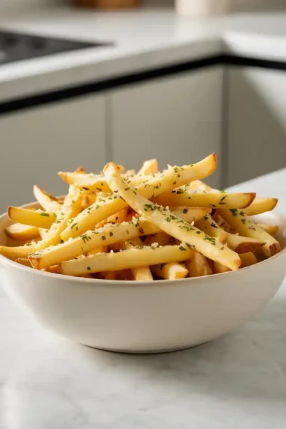 Golden and crispy garlic parmesan fries air fryer served in a basket
