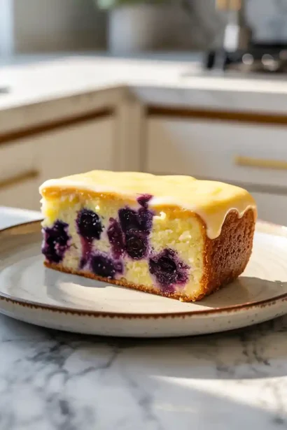 Freshly baked lemon blueberry sheet cake topped with lemon glaze and blueberries on a baking tray