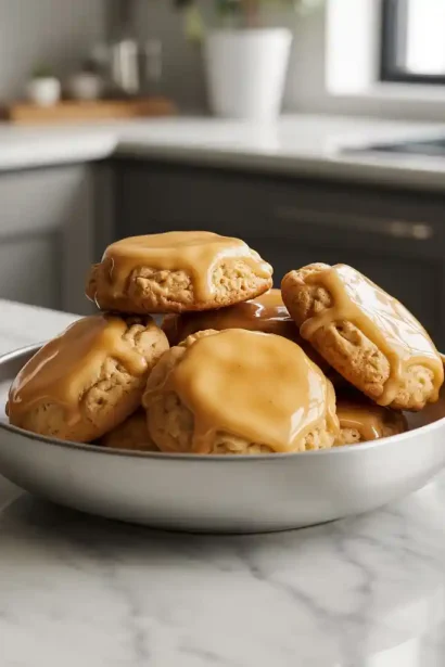 A plate of freshly baked maple cookies with maple icing drizzled on top
