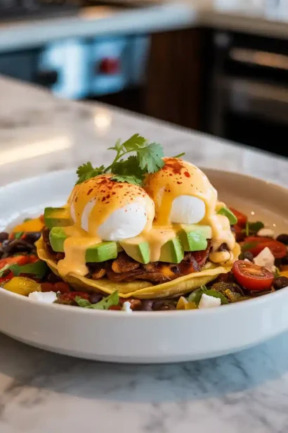 Plate of Mexican Eggs Benedict with poached eggs, avocado, salsa, and hollandaise on toasted English muffins