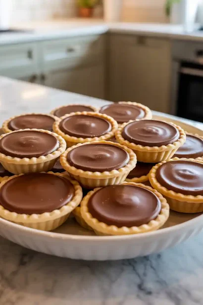 A plate of mini chocolate peanut butter pies topped with chocolate drizzle and crushed peanuts