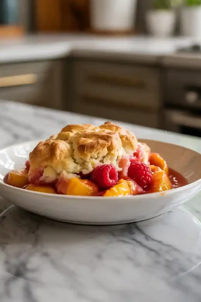 Freshly baked peach raspberry cobbler in a white ceramic dish with a golden crust and bubbling fruit filling