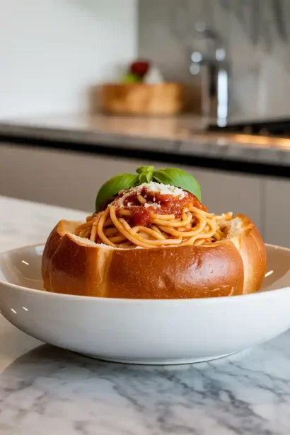 A freshly baked spaghetti bread bowl filled with pasta and sauce on a rustic table