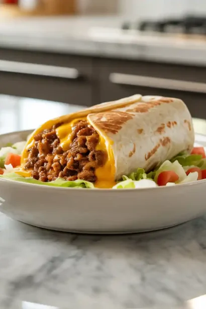 A delicious Taco Bell Beefy Melt Burrito filled with seasoned beef, rice, nacho cheese sauce, and sour cream