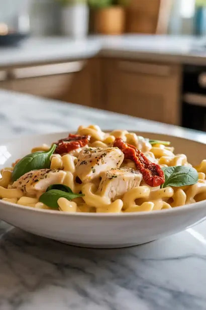 A bowl of creamy Tuscan chicken mac and cheese topped with sun-dried tomatoes and spinach