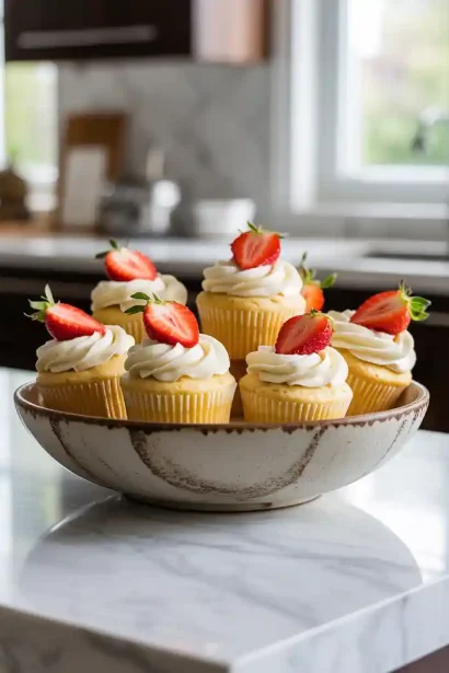 A tray of freshly baked white chocolate strawberry cupcakes topped with pink frosting and fresh strawberries