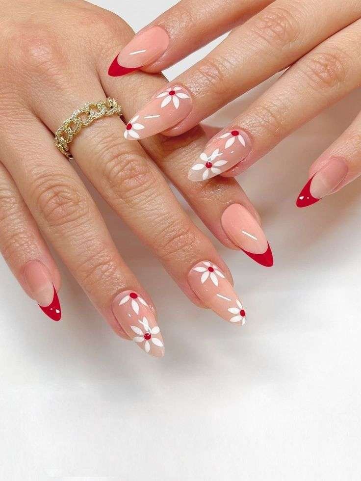 Almond nails with red French tips and white flowers