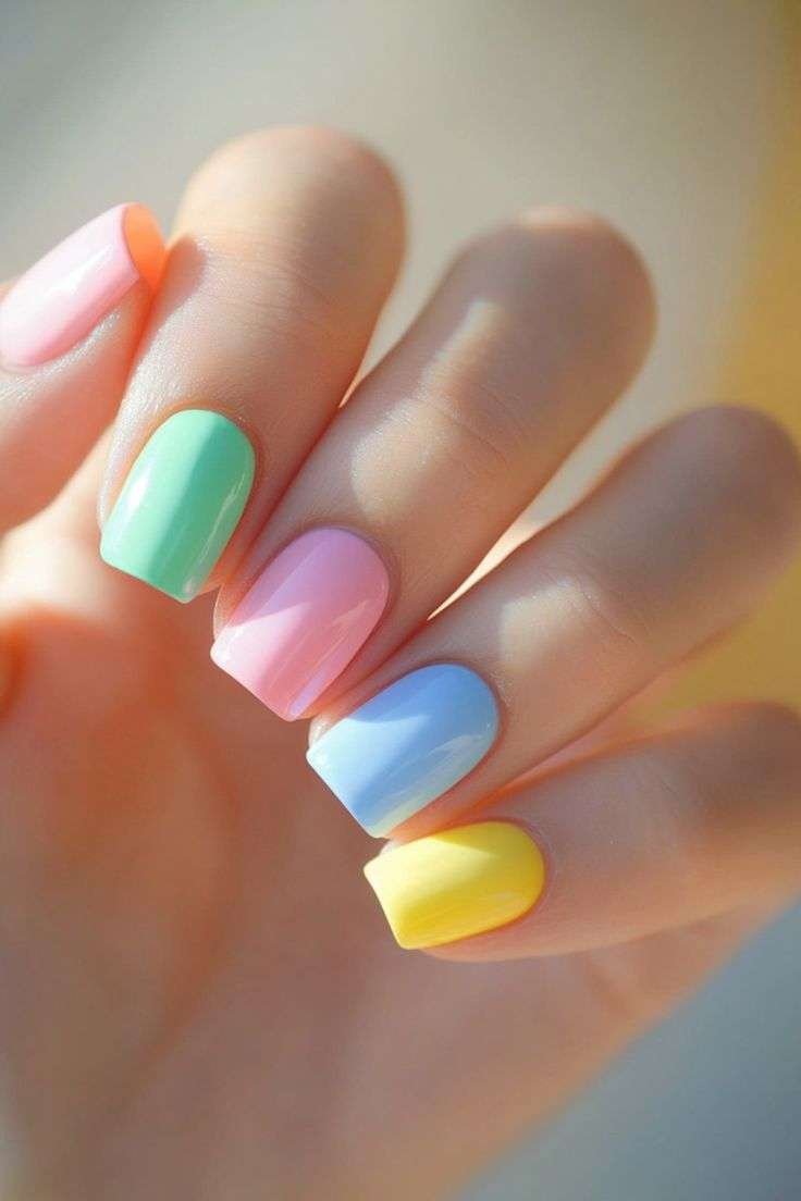Square nails with pastel rainbow colors