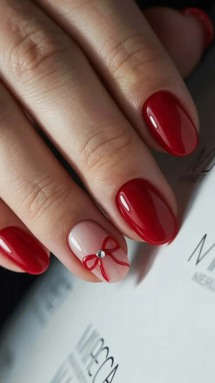 Glossy red nails with a single bow accent, chic and playful.