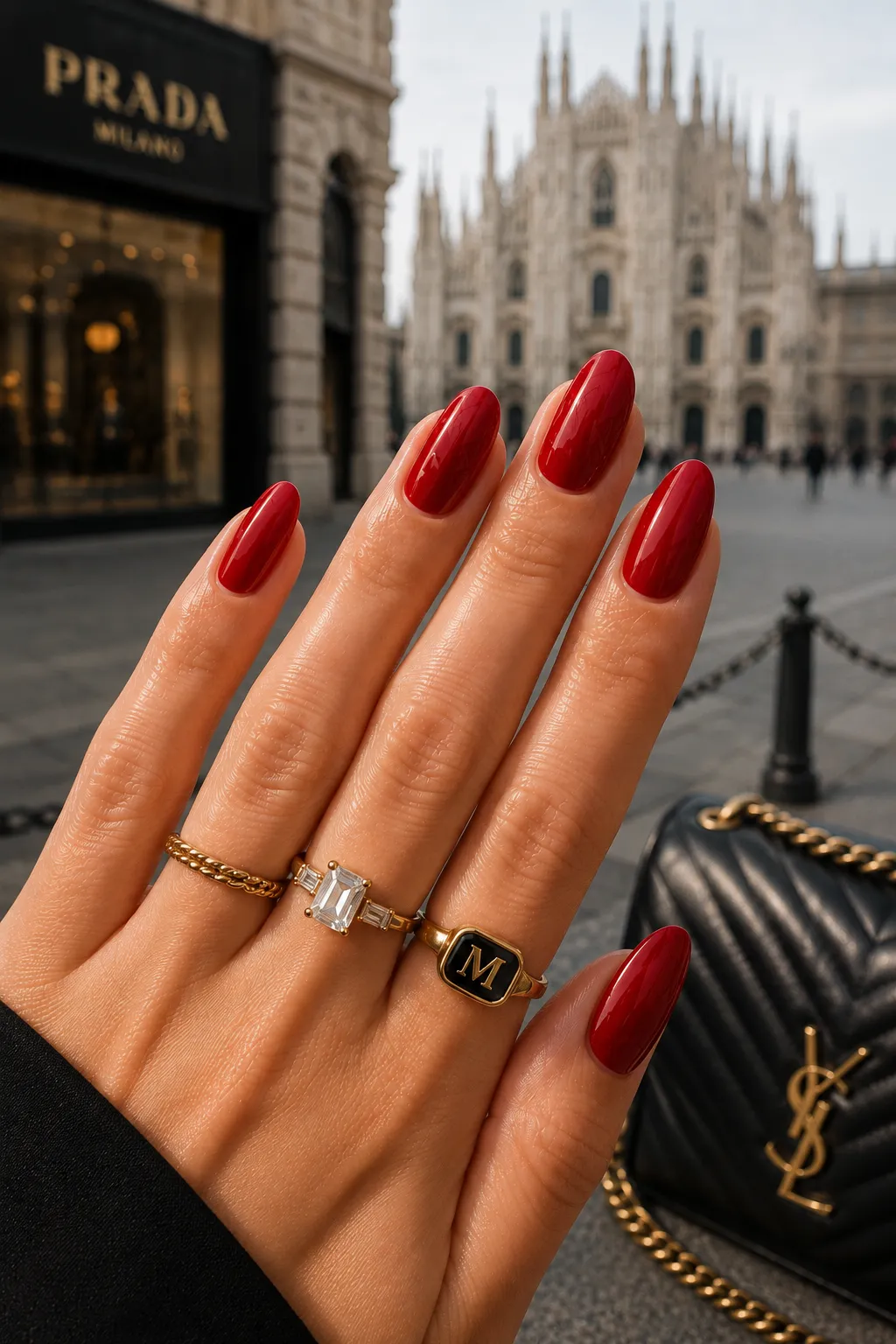 Glossy red almond nails, classic and sophisticated.