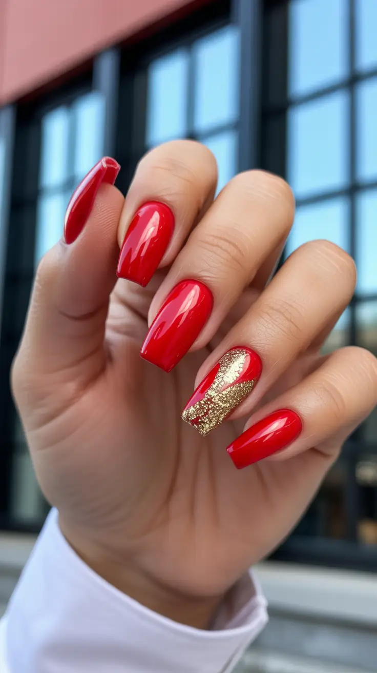 Bold red nails with gold glitter accent, glamorous and striking.