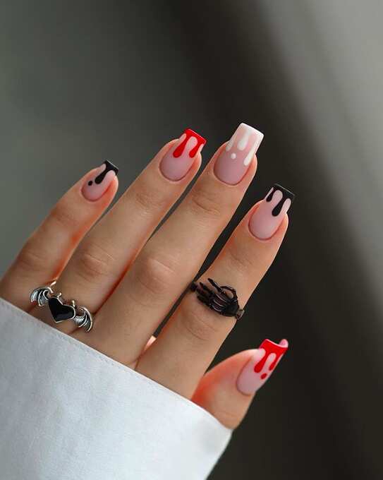 Bold drip art on matte base, edgy and modern.