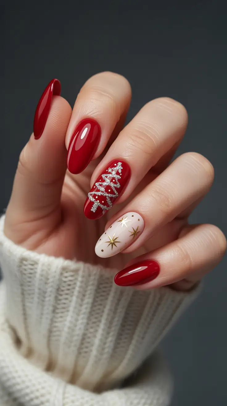 Red nails with glittering holiday accents, festive and bright.