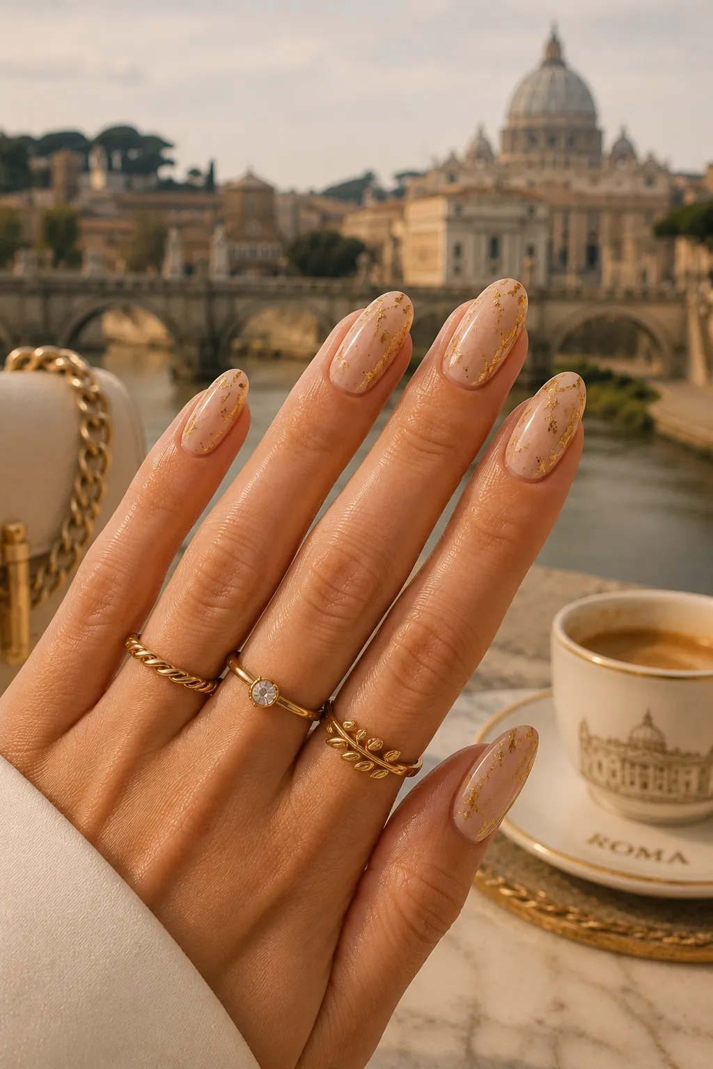 Nude nails with subtle gold flecks, elegant and understated.