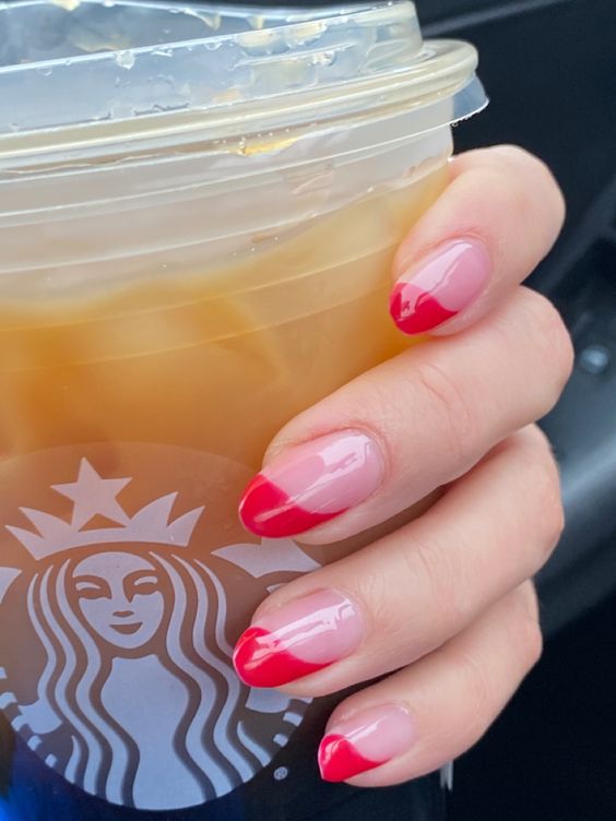 Abstract red wave nails, artistic and modern.