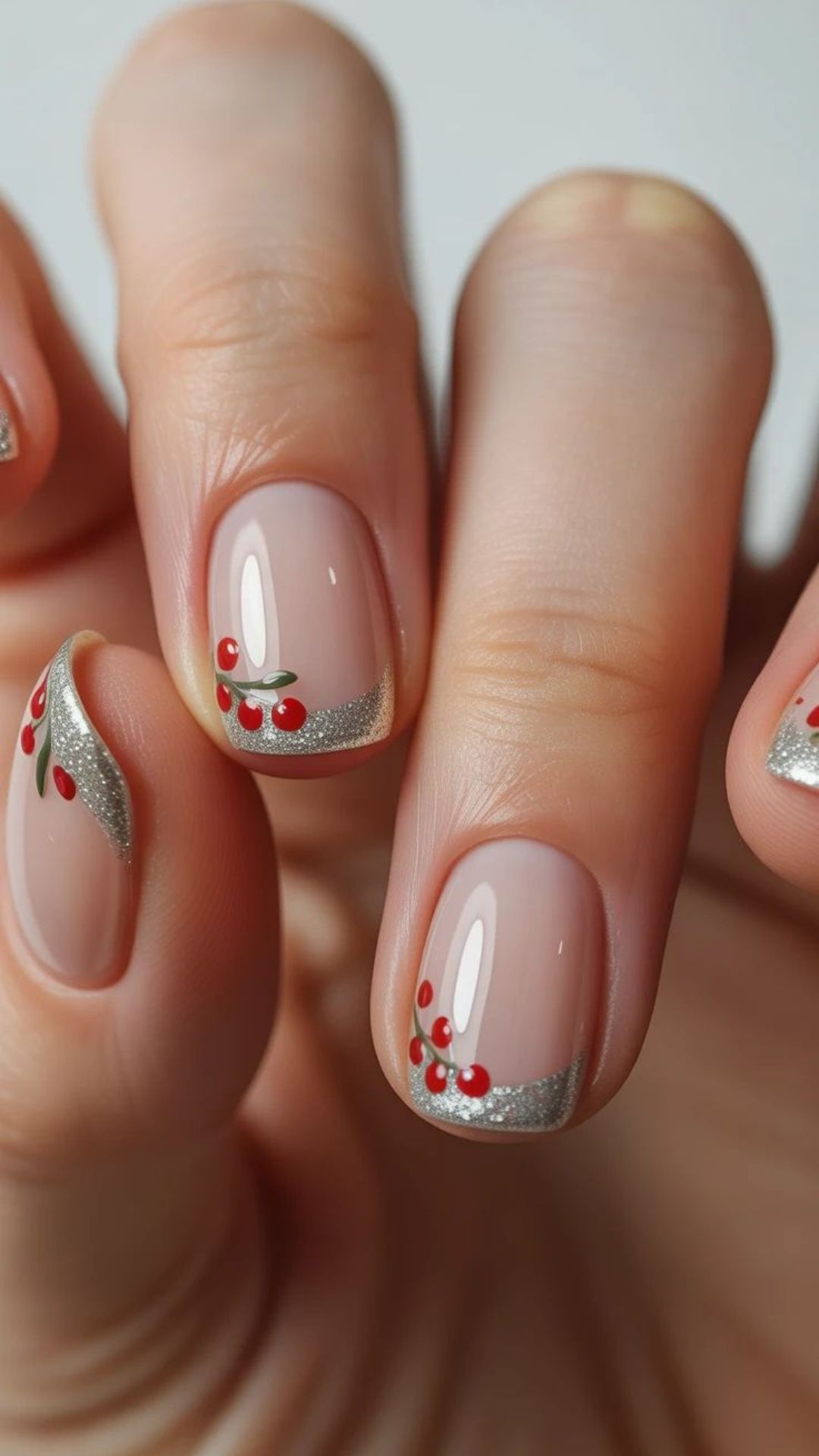 Cherry red and silver nails, elegant and festive.