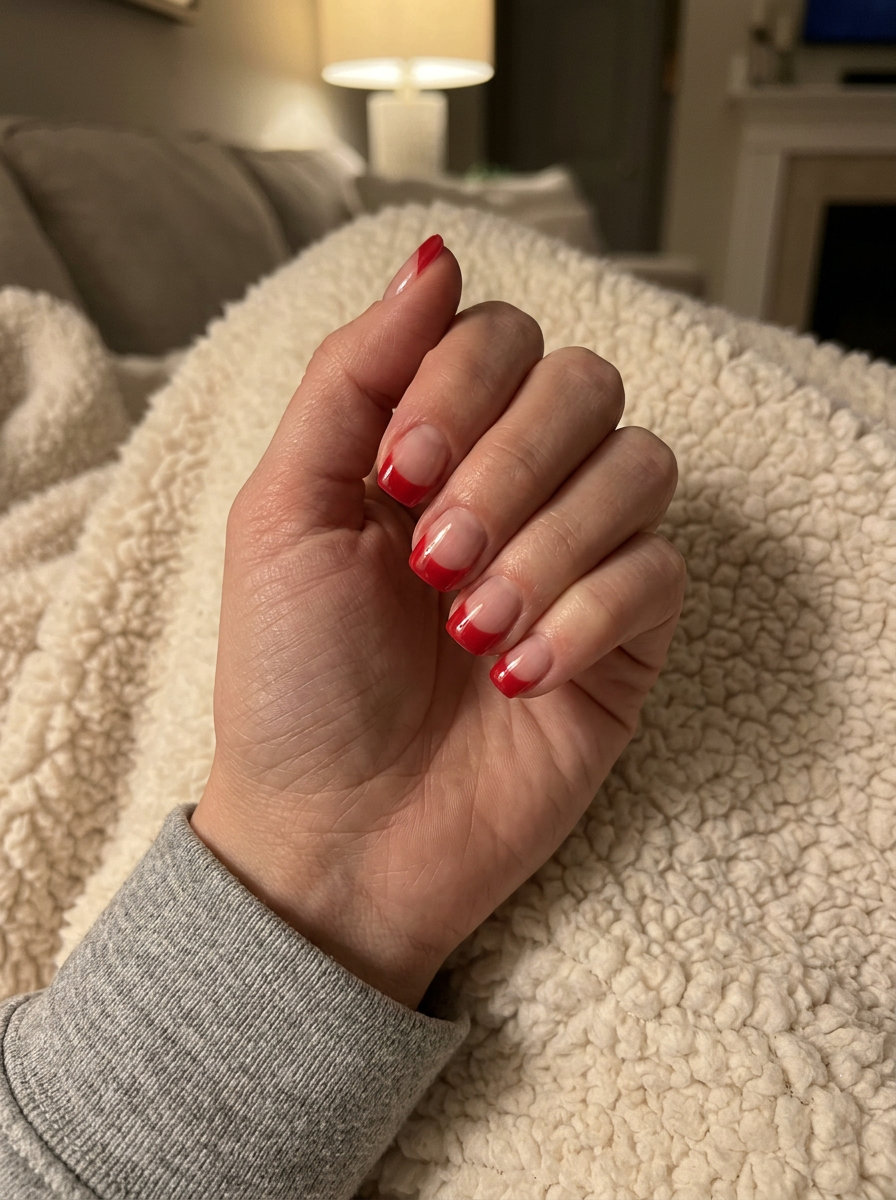 Classic red French tips, short and chic.