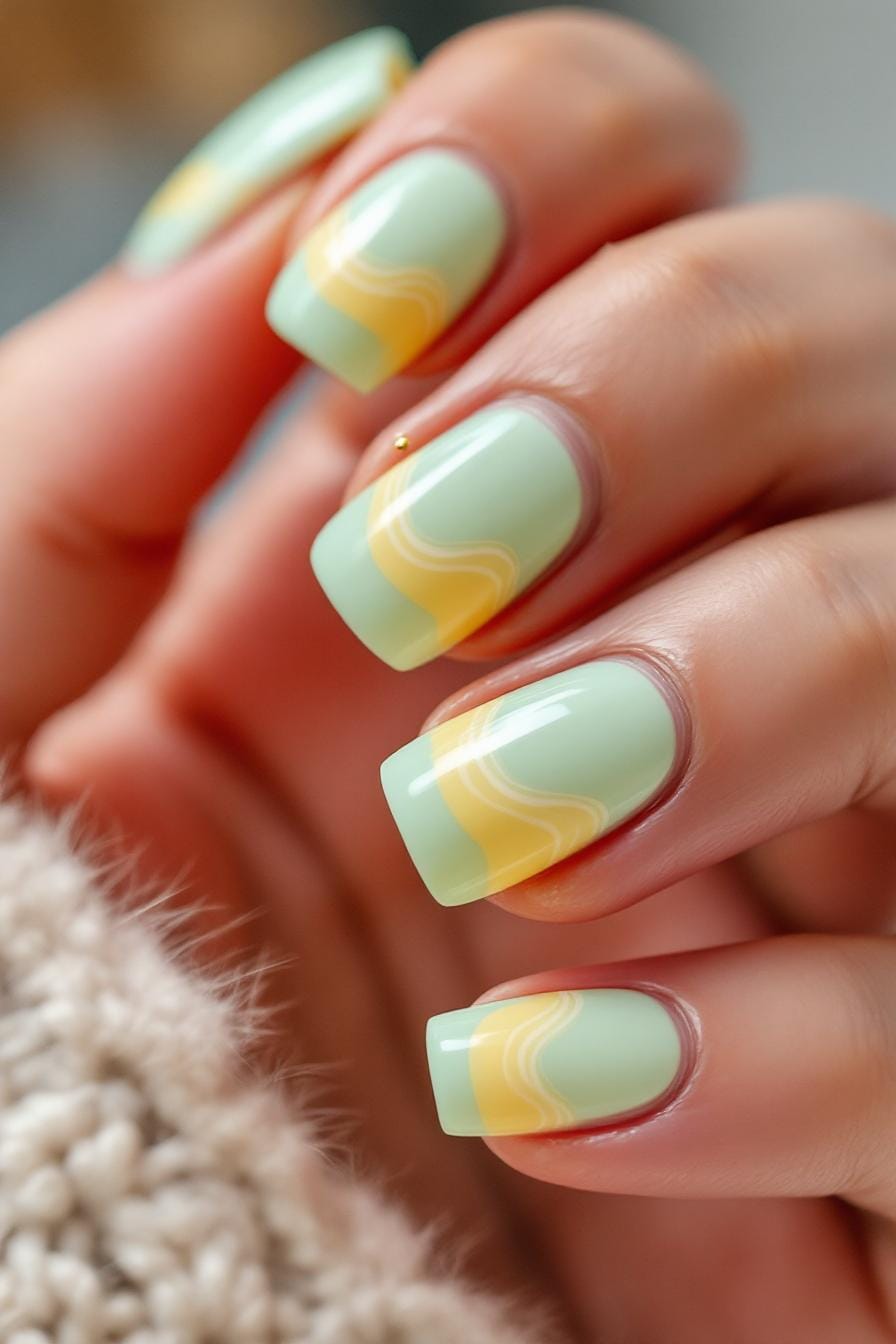 Mint green nails with wavy yellow accents