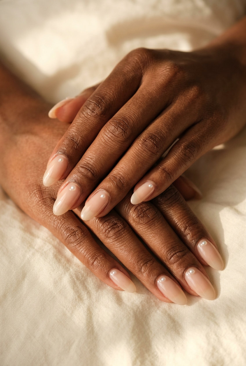 Elegant nude almond nails with pearl accents