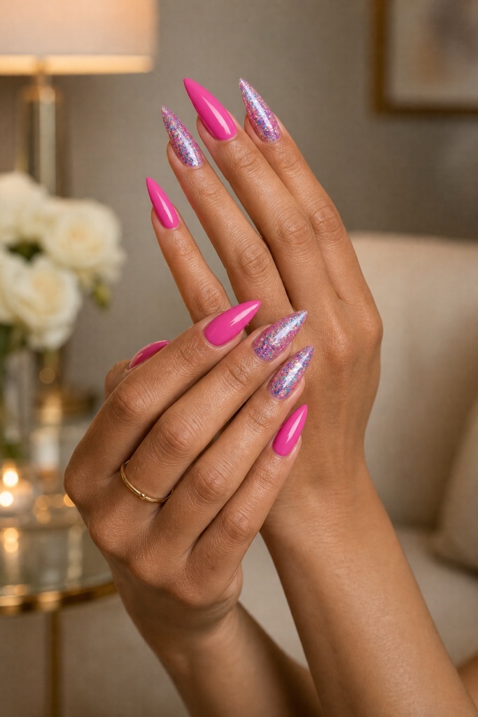 Stiletto nails with pink and glitter accents
