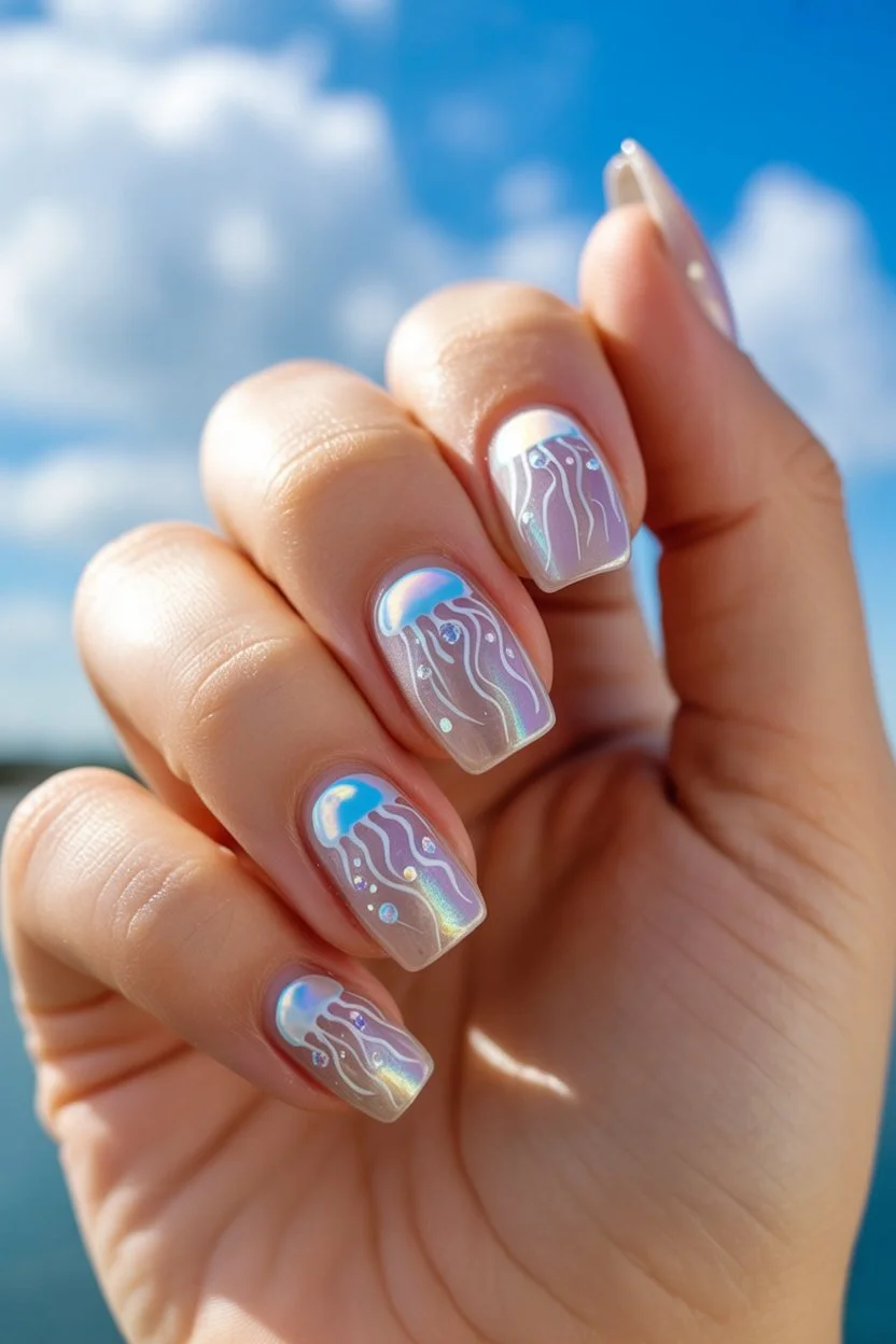 Short nails with jellyfish-inspired design