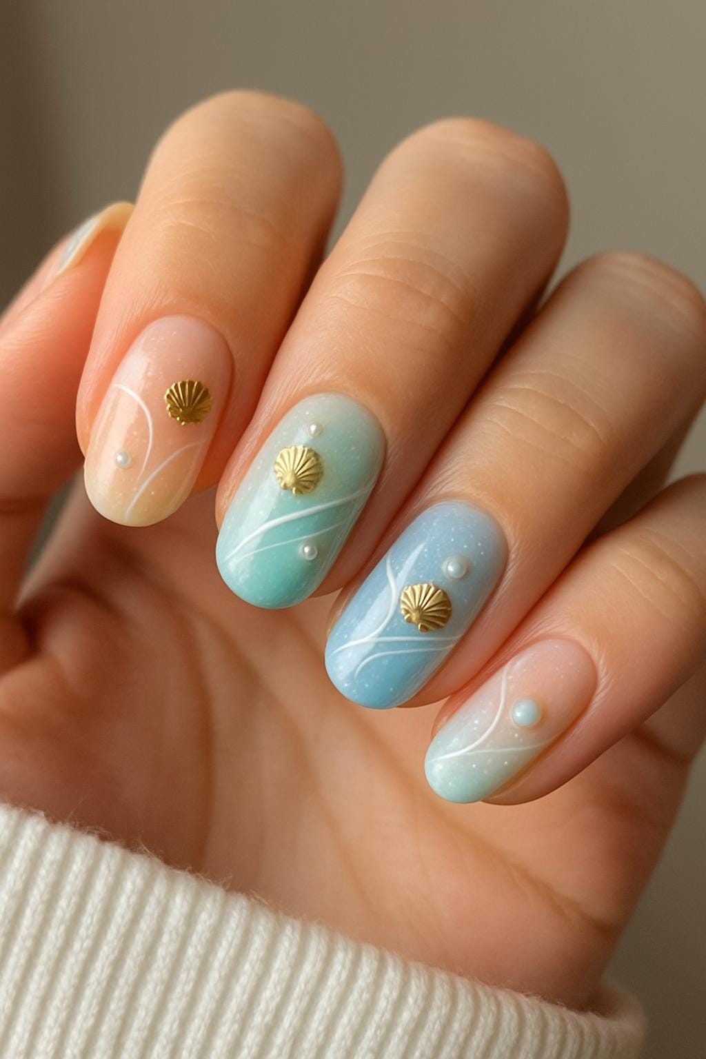 Pastel gradient nails with seashells and pearls