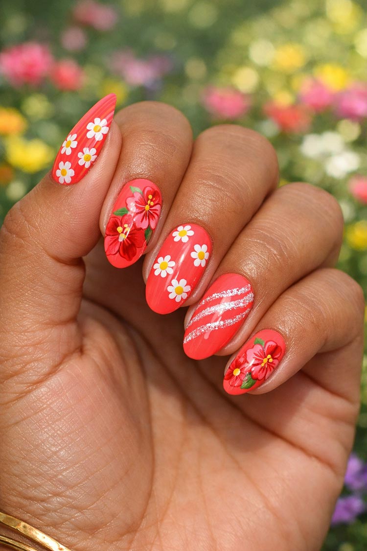 Bright floral nails with daisy accents
