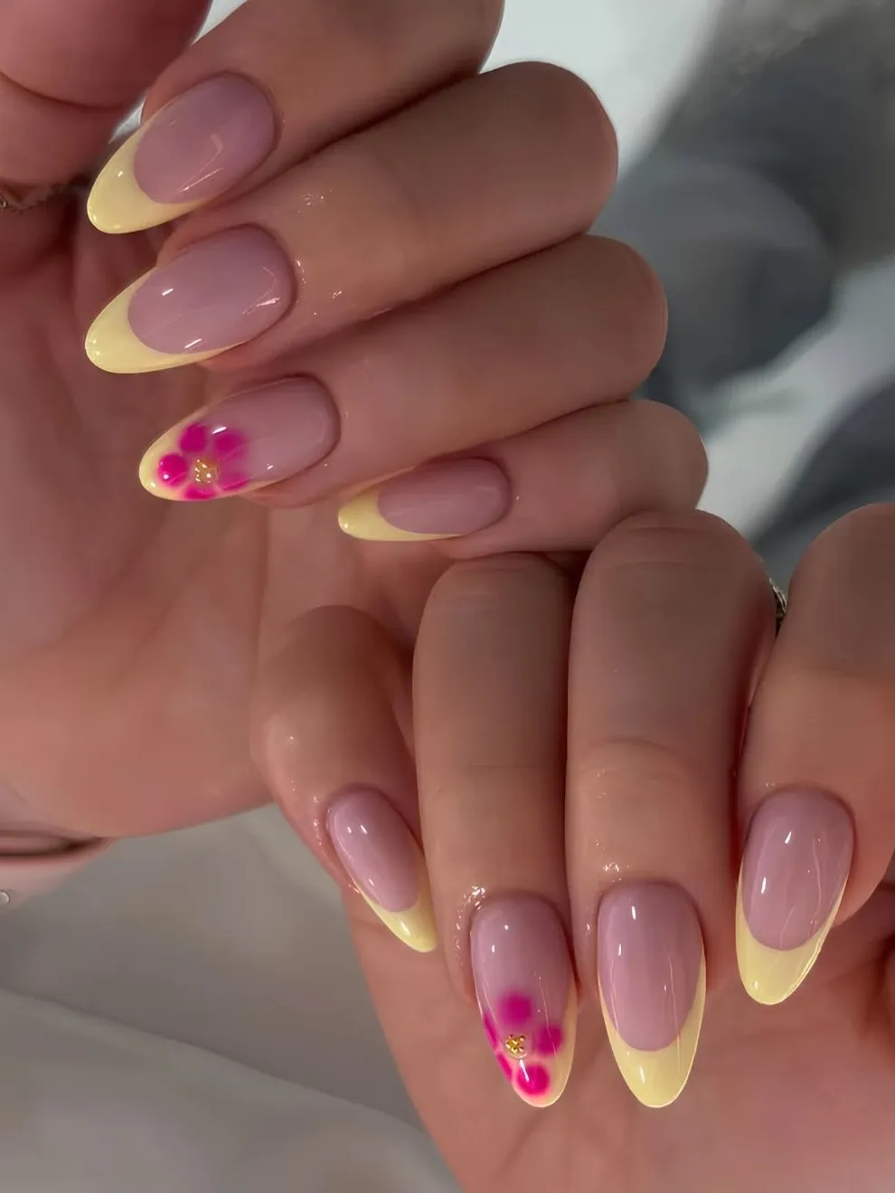 Yellow French tips with floral art