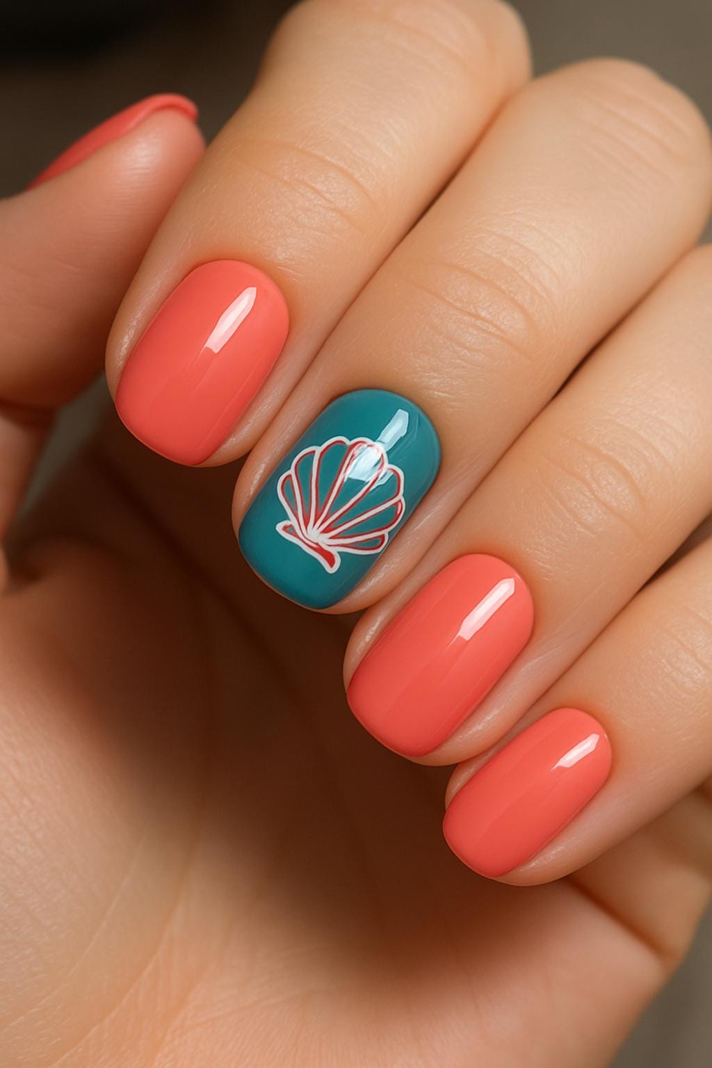 Coral nails with seashell accent