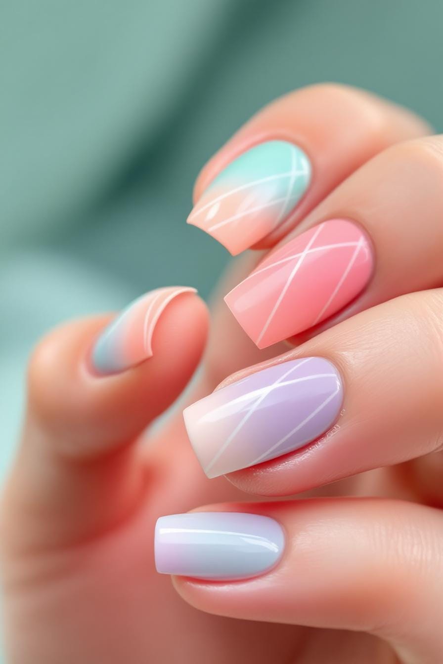 Pastel square nails with geometric lines
