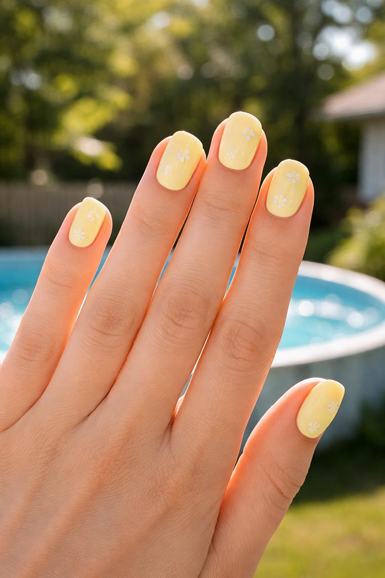 Yellow nails with daisy accents and round shape