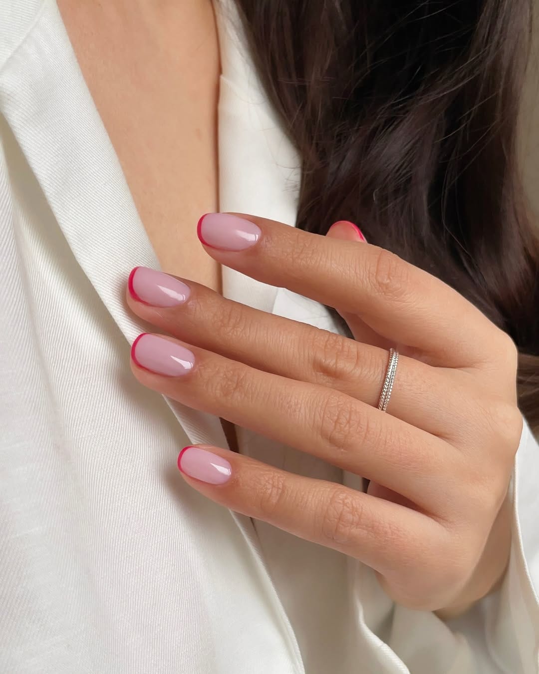 Pink french tip nails with white on white french tip nails, square french tip, short almond nails, milky double tip.