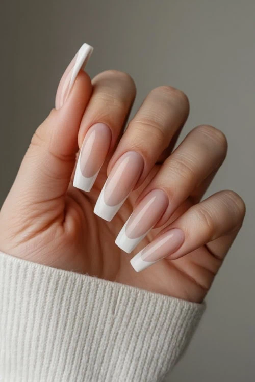 Red french tip nails with color french tip nails, french nail designs, short french tip nails with design, short square tip, pink on pink.