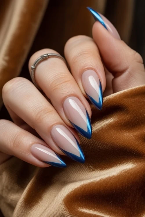 Short french tip acrylic nails with yellow french tip nails, black nails ideas, blue and white nails, long tip stiletto.