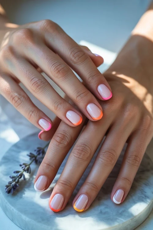 Black french nails with french tip chrome nails, light pink french tip, white chrome nails, milky white tip.