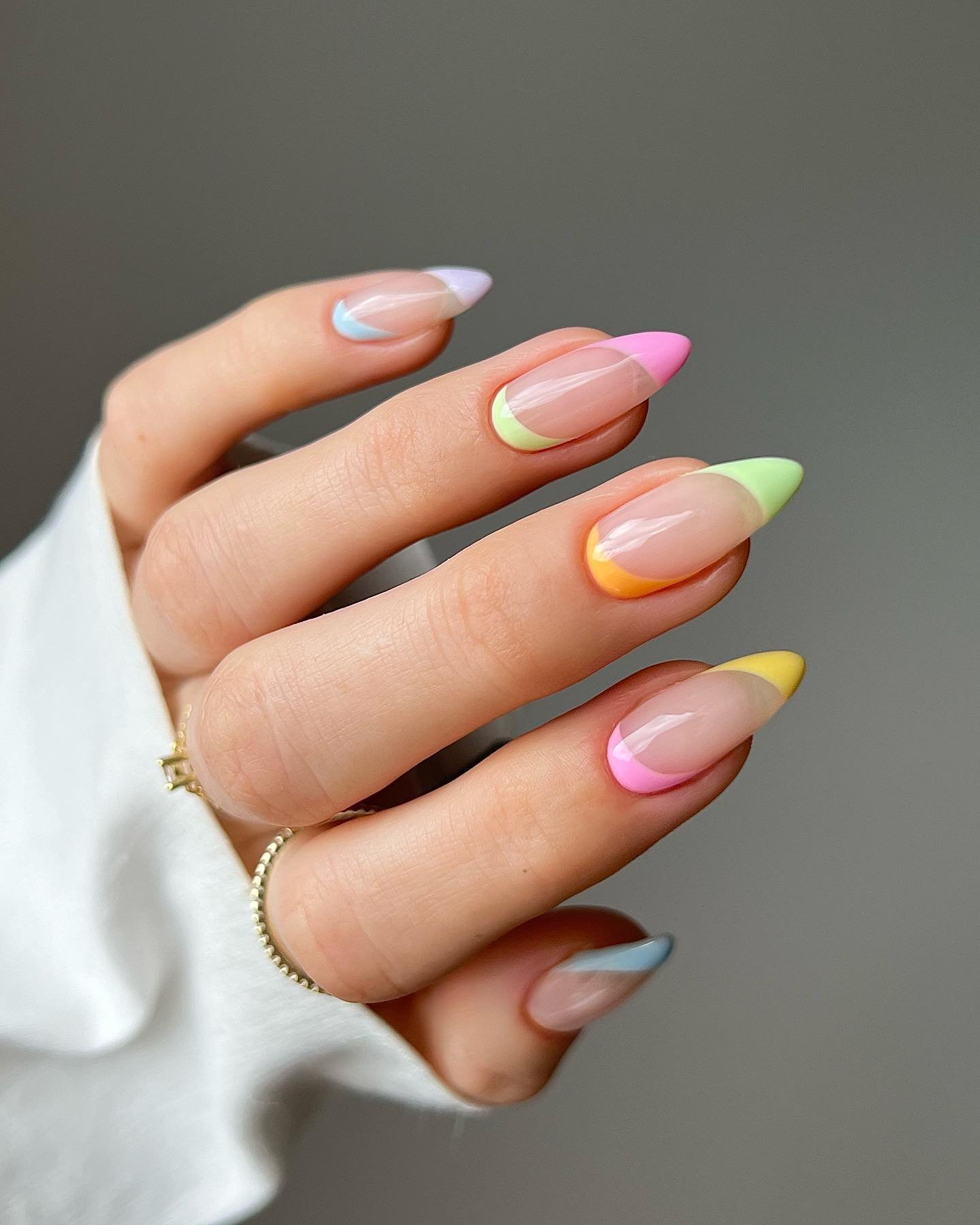 French nails almond with soft french tip nails, baby pink nails, tip, white on white tip.