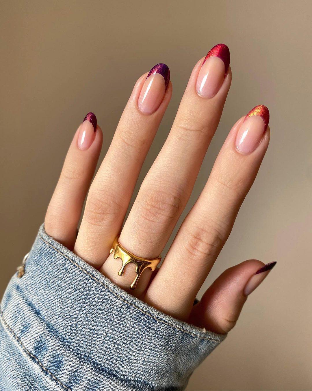 Blue french nails with green french nails, red french nail designs, short, yellow tip.