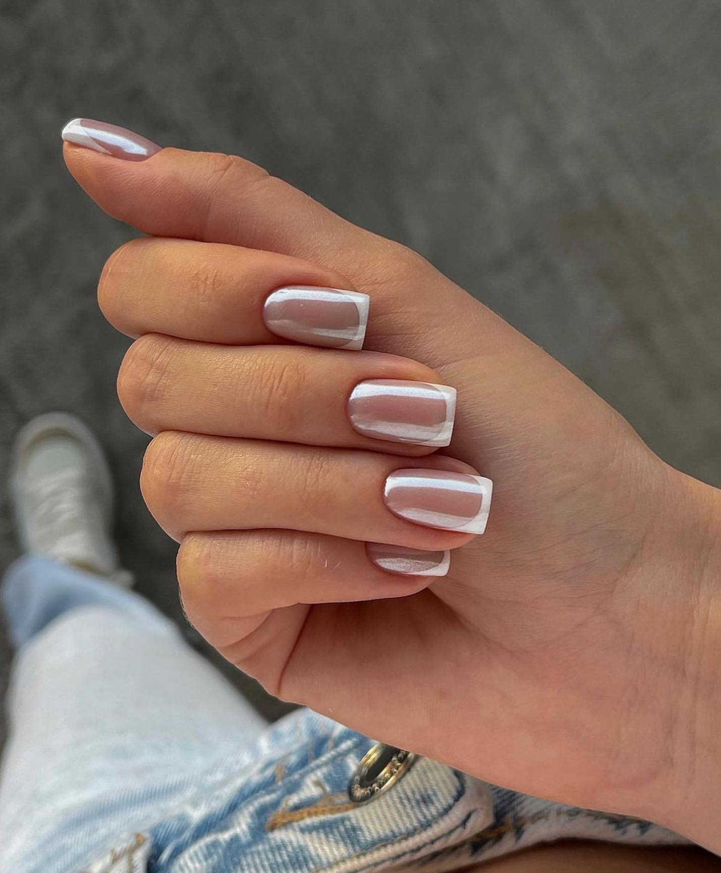 Spring french tip nails with french nail art, simple almond nails, blue, gold tip.