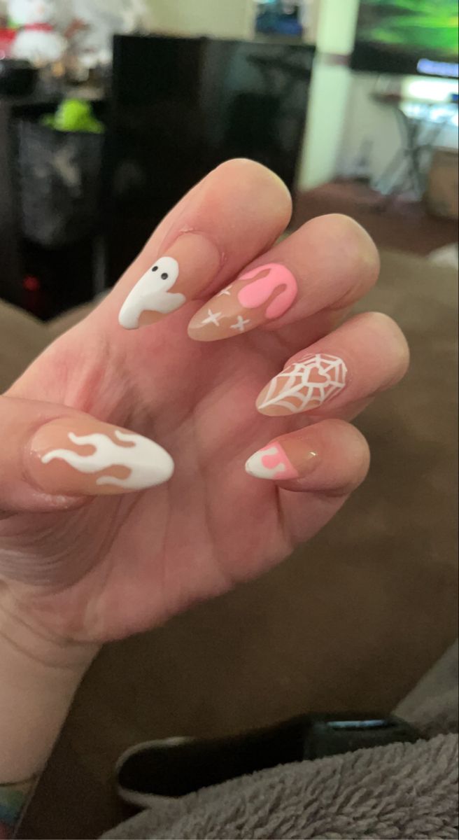 Disney halloween nails with summer halloween nails, pink scream nails, short, summer style.